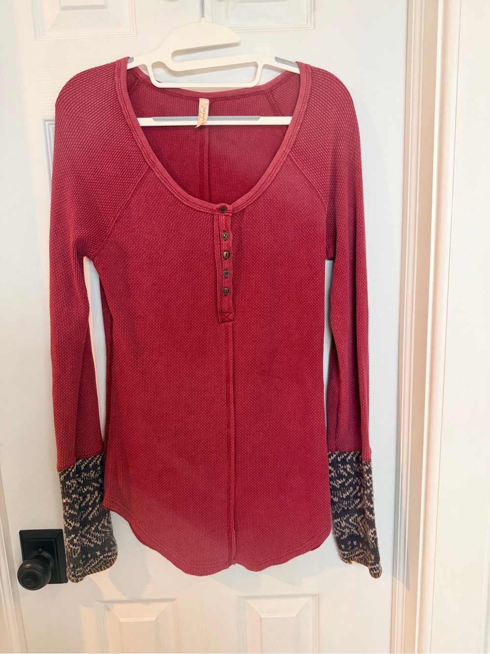 Free People Red Thermal Henley Top Contrast Knit Cuffs Boho Large